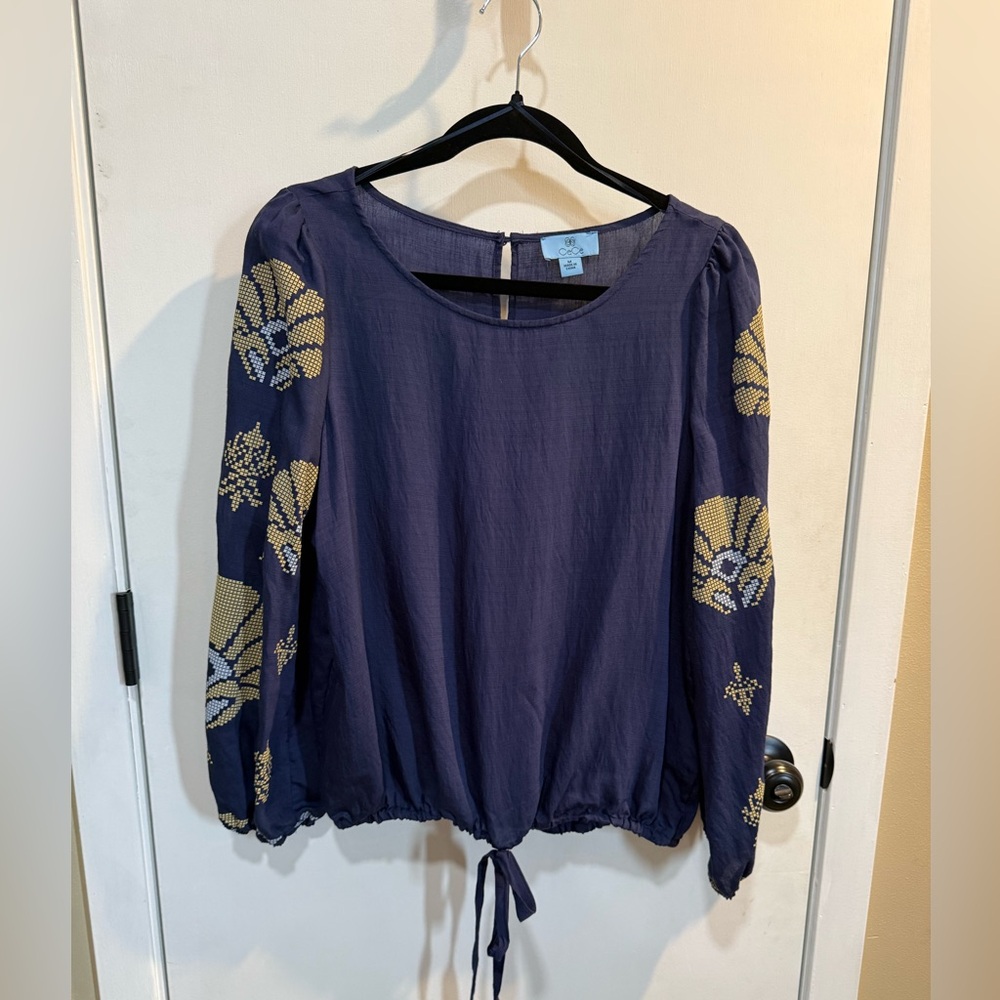 CeCe Navy Blouse with Gold Embroidery-#1395